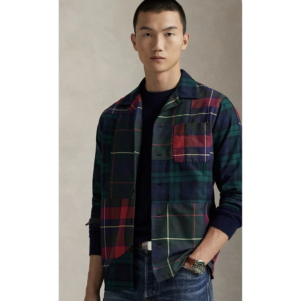 Polo Ralph Lauren Button Up Shirt Mens L Oxford Plaid Loop Collar Patchwork Camp